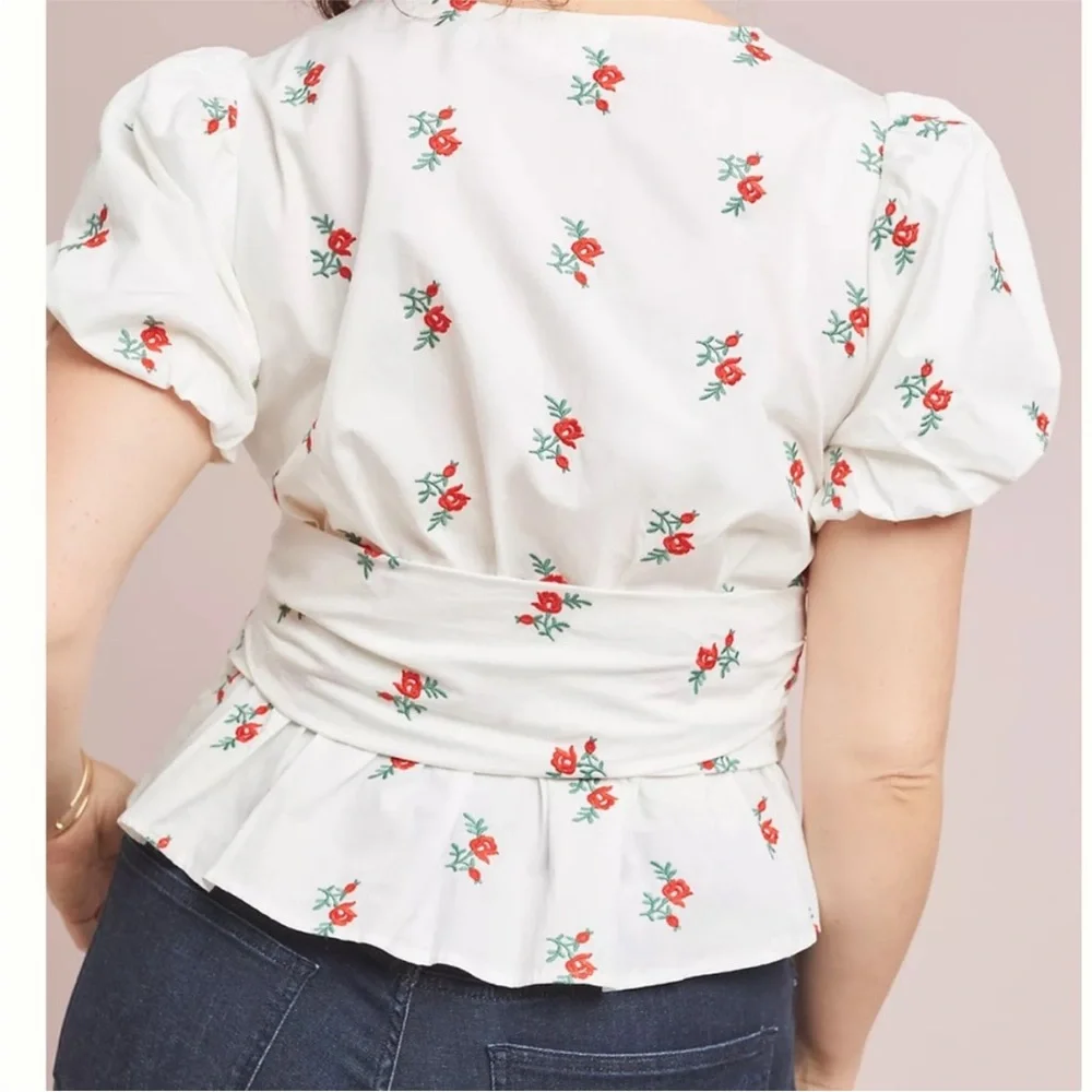 🍒 Anthropologie Maeve Peplum V-Neck Puff-Sleeve Bow Blouse Floral Print Large